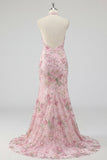 Sparkly Pink Floral Mermaid Long Sequin Prom Dress with Slit