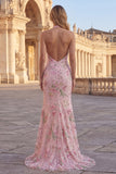 Sparkly Pink Floral Mermaid Long Sequin Prom Dress with Slit