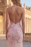 Sparkly Pink Floral Mermaid Long Sequin Prom Dress with Slit