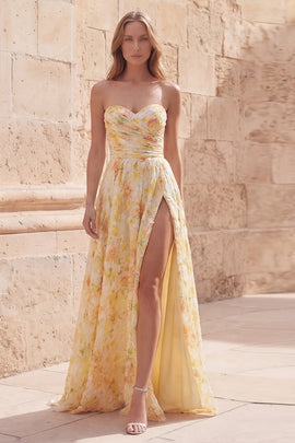 Floral Strapless Ruched Yellow A Line Long Prom Dress with Slit