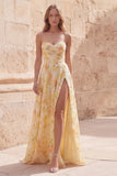 Floral Strapless Ruched Yellow A Line Long Prom Dress with Slit