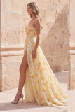 Floral Strapless Ruched Yellow A Line Long Prom Dress with Slit