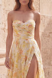 Floral Strapless Ruched Yellow A Line Long Prom Dress with Slit