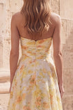 Floral Strapless Ruched Yellow A Line Long Prom Dress with Slit