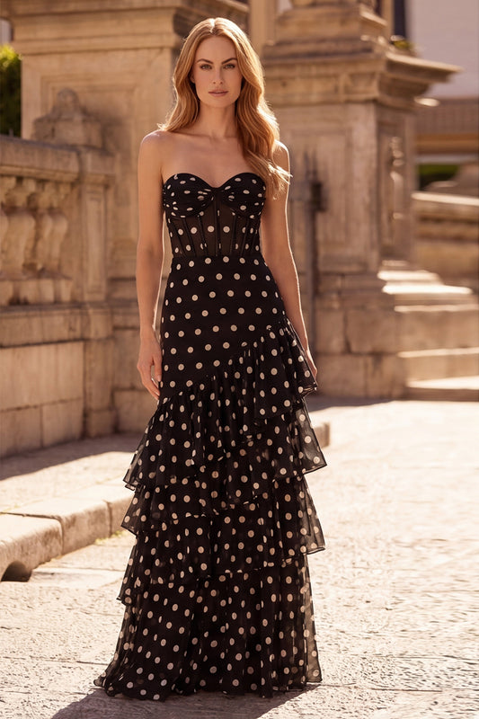 Corset Strapless Black A Line Long Prom Dress with Ruffles