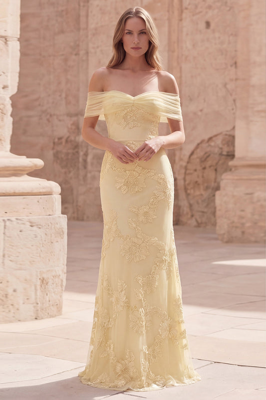 Off the Shoulder Yellow Appliqued Mermaid Long Prom Dress