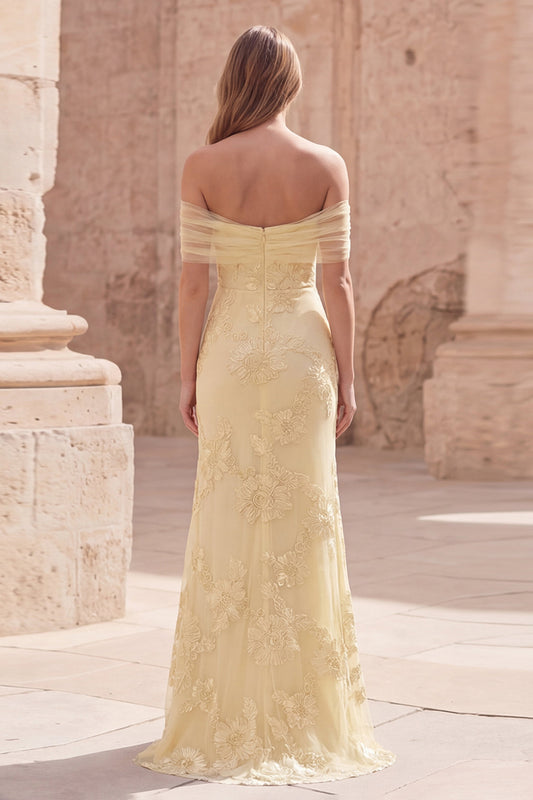 Off the Shoulder Yellow Appliqued Mermaid Long Prom Dress