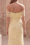 Off the Shoulder Yellow Appliqued Mermaid Long Prom Dress