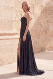 Strapless Ruched Sparkly Black Sheath Long Prom Dress with Slit