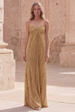 Gold Spaghetti Straps A Line Long Prom Dress with Pleats