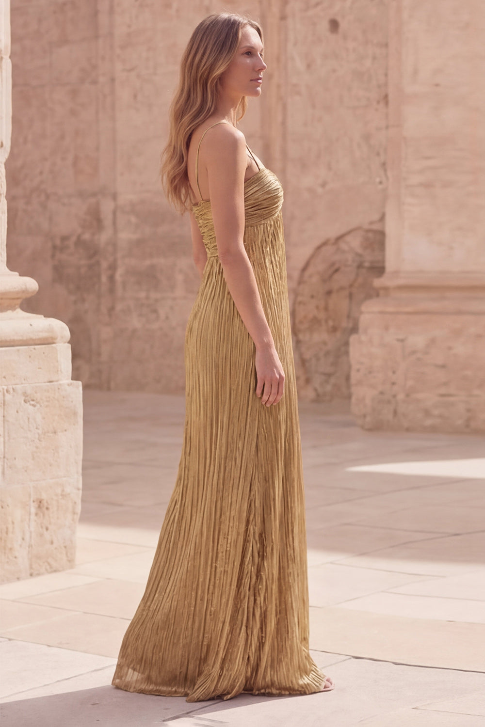 Gold Spaghetti Straps A Line Long Prom Dress with Pleats