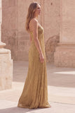 Gold Spaghetti Straps A Line Long Prom Dress with Pleats