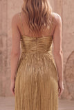 Gold Spaghetti Straps A Line Long Prom Dress with Pleats