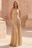 Sparkly Strapless Gold A Line Long Metallic Prom Dress with Pleats