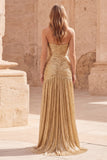 Sparkly Strapless Gold A Line Long Metallic Prom Dress with Pleats