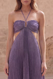 Sparkly A Line Halter Purple Long Prom Dress with Pleats