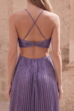 Sparkly A Line Halter Purple Long Prom Dress with Pleats