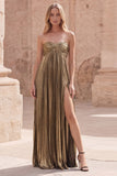 Strapless Pleated Dark Gold A Line Empire Waist Long Prom Dress with Slit