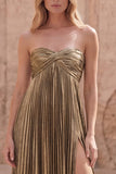 Strapless Pleated Dark Gold A Line Empire Waist Long Prom Dress with Slit