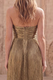 Strapless Pleated Dark Gold A Line Empire Waist Long Prom Dress with Slit