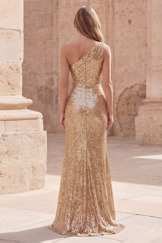 Sparkly Gold Sheath Sequin Long Ruched Prom Dress with Slit