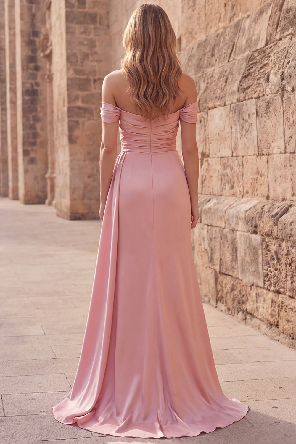 Pink Ruched Off the Shoulder Sheath Long Prom Dress with Slit