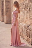 Pink Ruched Off the Shoulder Sheath Long Prom Dress with Slit