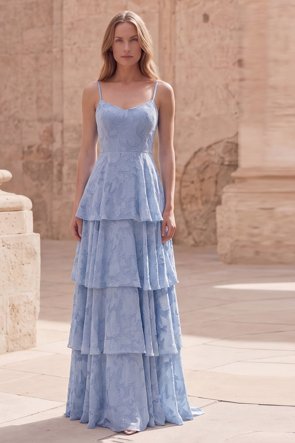Zapakasa Women Dusty Blue Long Floral Lace Prom Dress with Ruffles