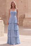 Dusty Blue Floral Lace A Line Long Prom Dress with Ruffles