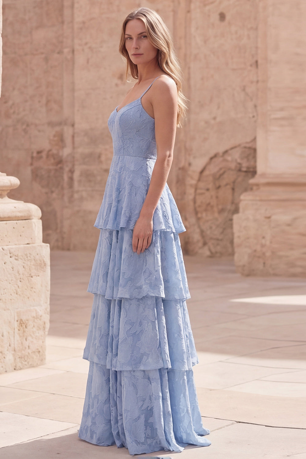 Dusty Blue Floral Lace A Line Long Prom Dress with Ruffles