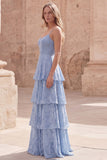 Dusty Blue Floral Lace A Line Long Prom Dress with Ruffles