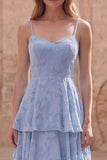 Dusty Blue Floral Lace A Line Long Prom Dress with Ruffles