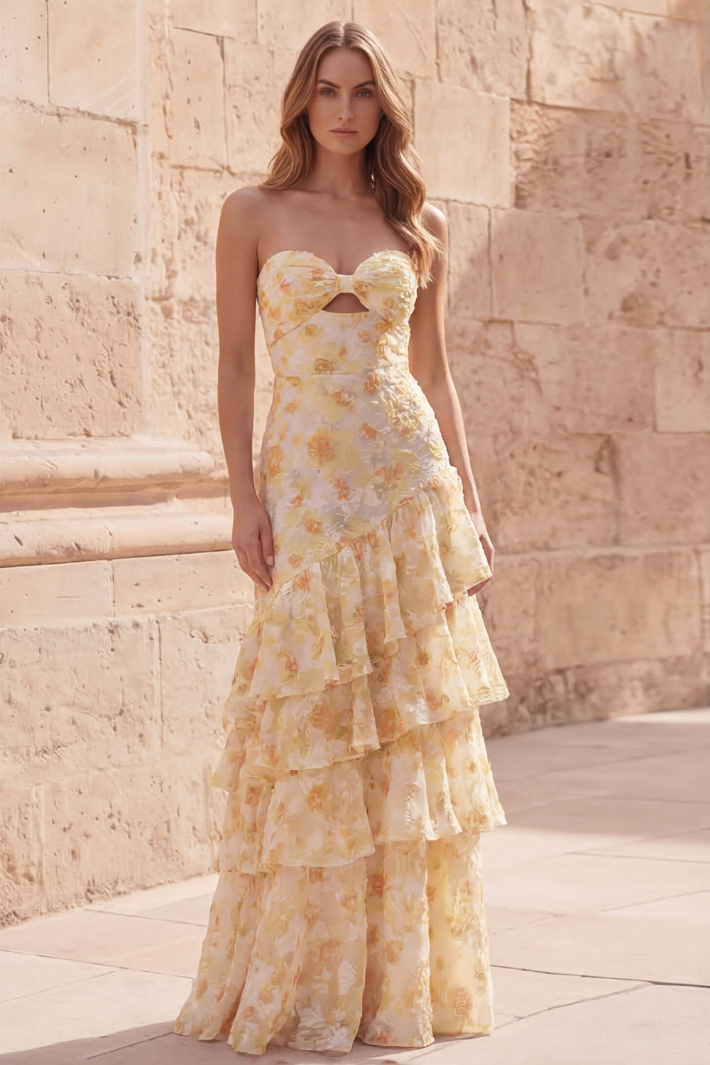 Long Floral Strapless Yellow A Line Prom Dress with Ruffles
