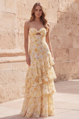 Long Floral Strapless Yellow A Line Prom Dress with Ruffles