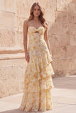Long Floral Strapless Yellow A Line Prom Dress with Ruffles