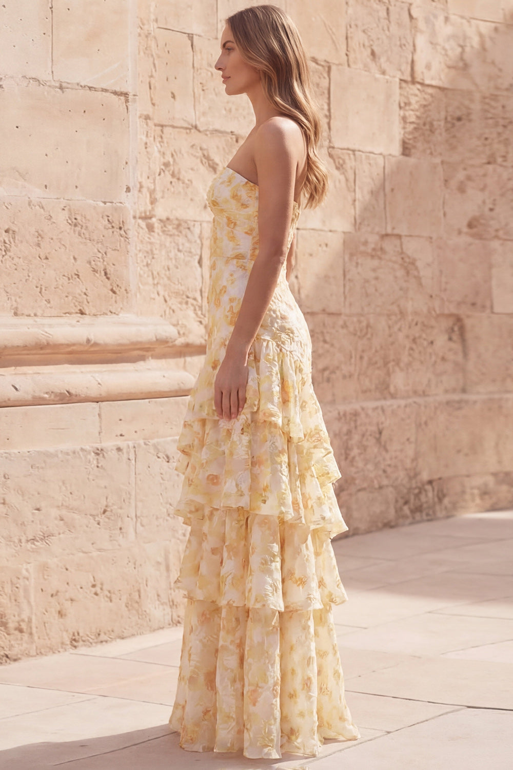 Long Floral Strapless Yellow A Line Prom Dress with Ruffles