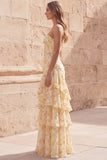 Long Floral Strapless Yellow A Line Prom Dress with Ruffles