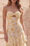 Long Floral Strapless Yellow A Line Prom Dress with Ruffles