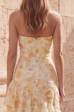 Long Floral Strapless Yellow A Line Prom Dress with Ruffles