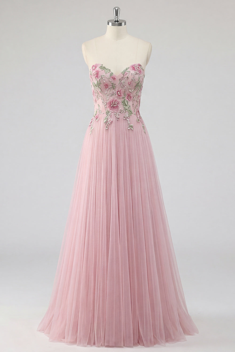 Pink Floral Strapless A Line Long Prom Dress