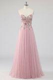 Pink Floral Strapless A Line Long Prom Dress