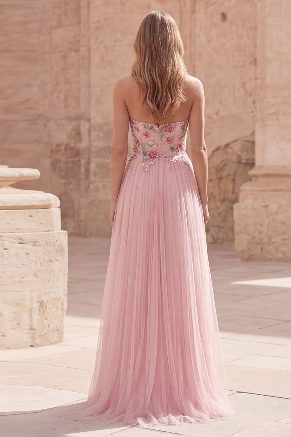 Pink Floral Strapless A Line Long Prom Dress