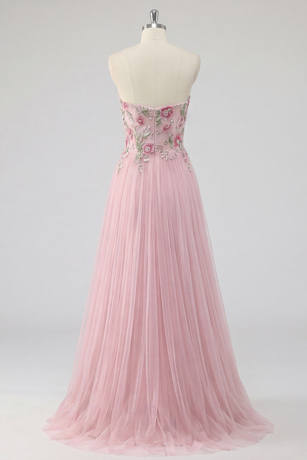 Pink Floral Strapless A Line Long Prom Dress