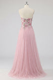 Pink Floral Strapless A Line Long Prom Dress