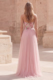 Pink Floral Strapless A Line Long Prom Dress