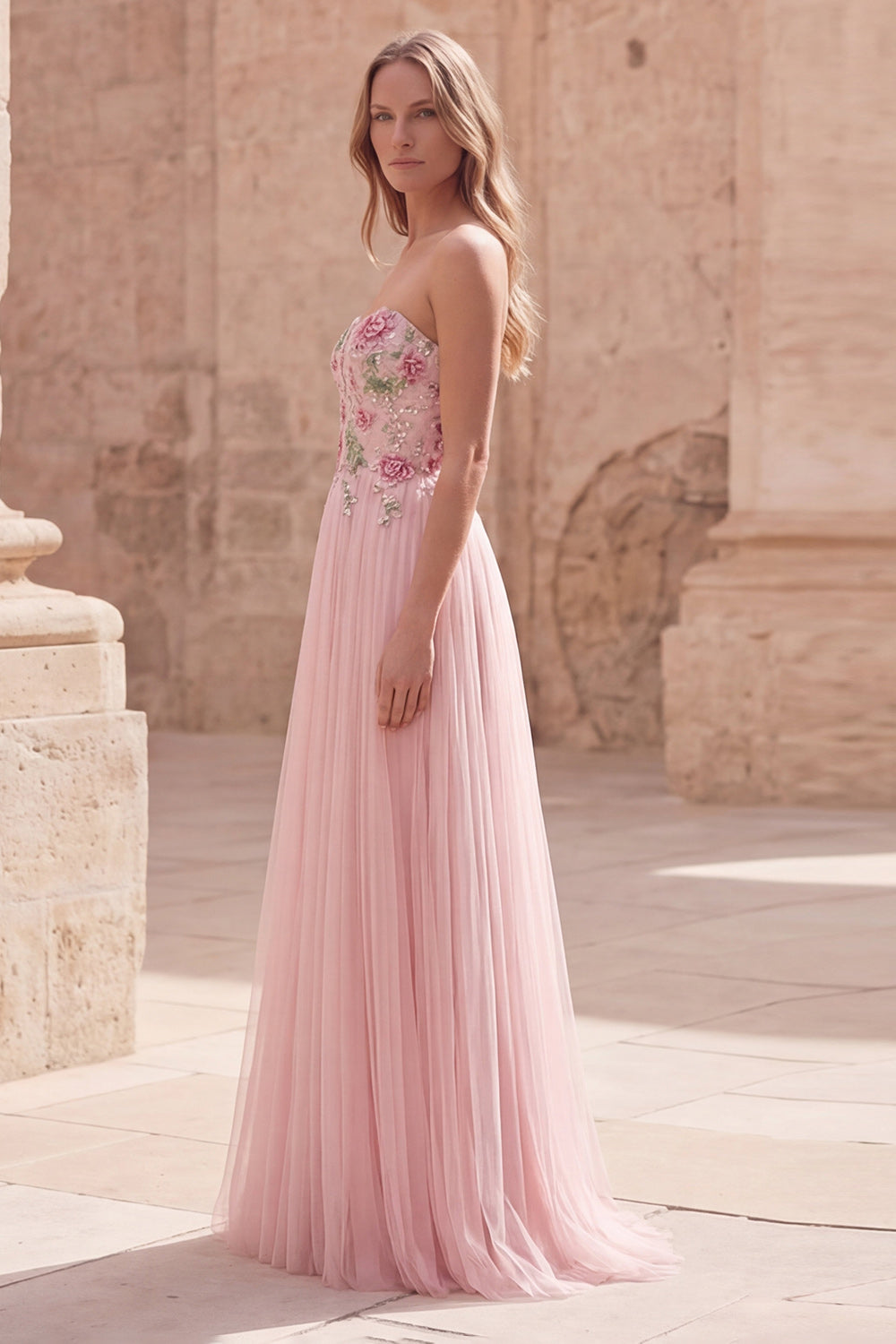 Pink Floral Strapless A Line Long Prom Dress