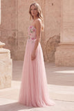 Pink Floral Strapless A Line Long Prom Dress