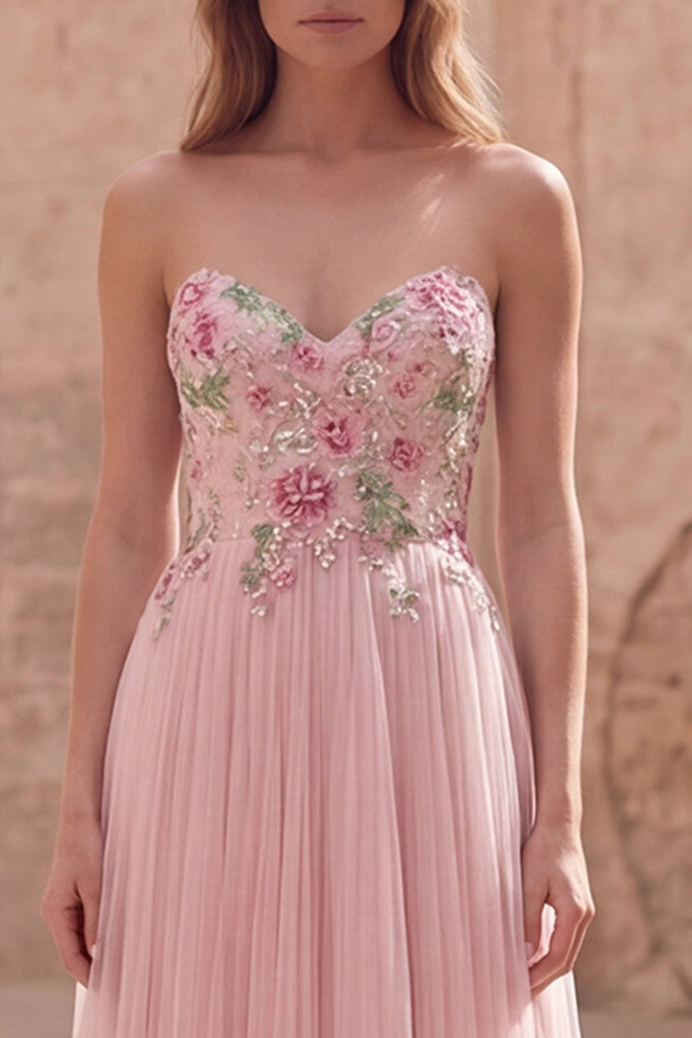 Pink Floral Strapless A Line Long Prom Dress