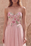 Pink Floral Strapless A Line Long Prom Dress