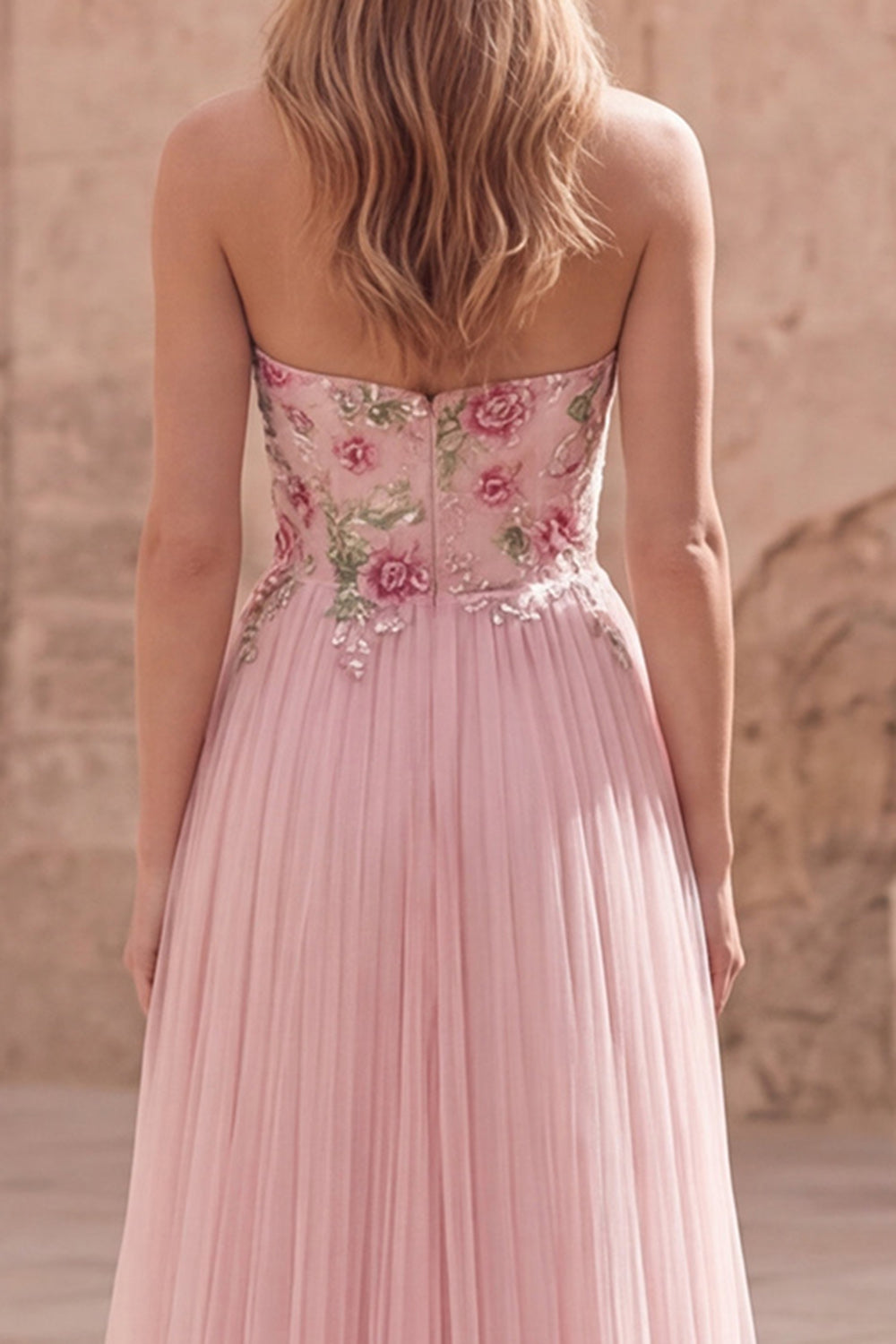 Pink Floral Strapless A Line Long Prom Dress